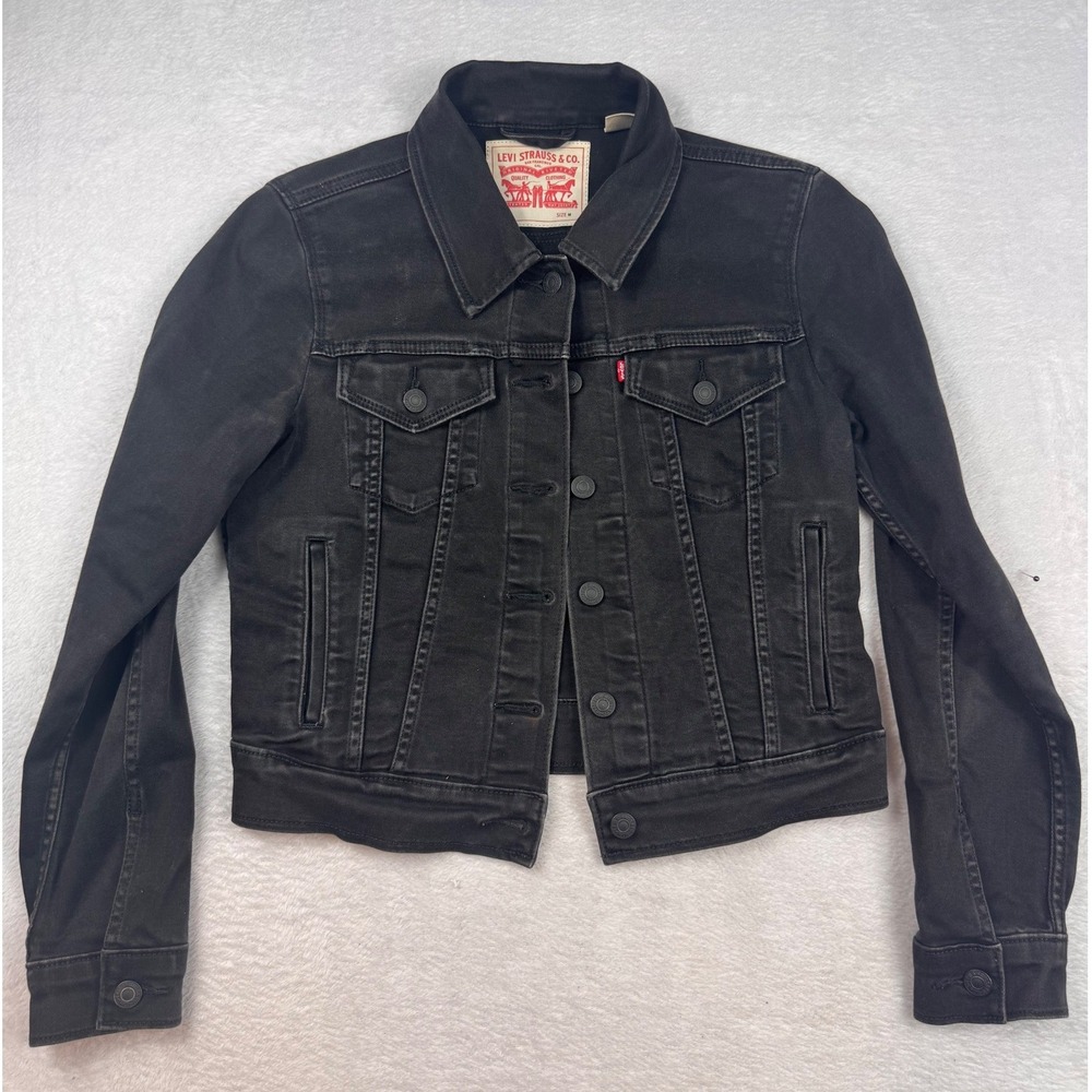 Levis Womens Black Denim Trucker Jacket Size M Stretch Cotton Blend PCL-003